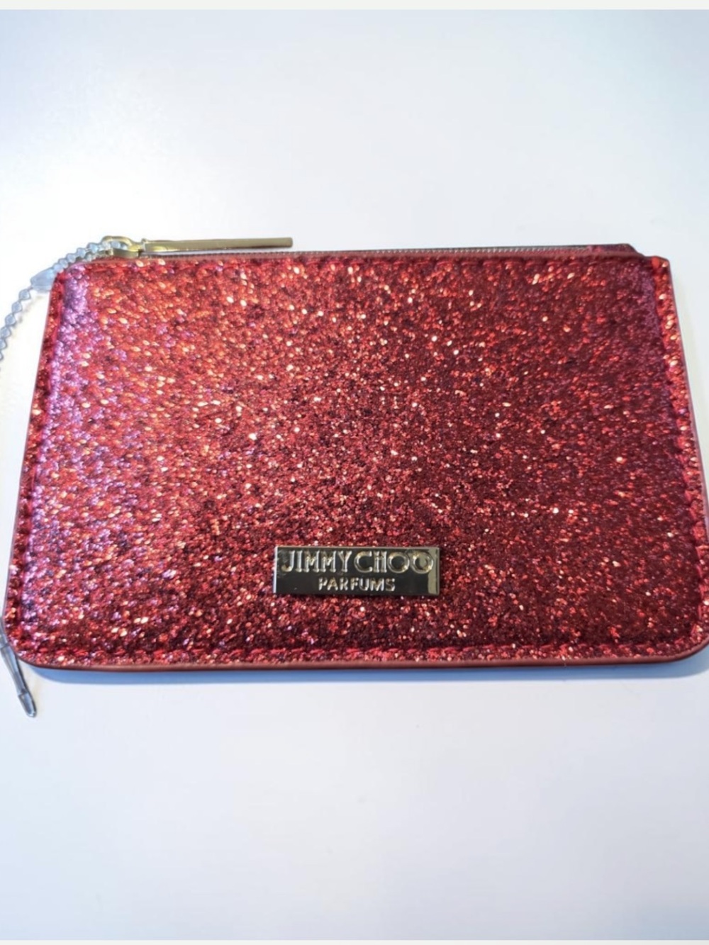 Jimmy Choo Red Glitter Zip card holder pouch nwot 5x3